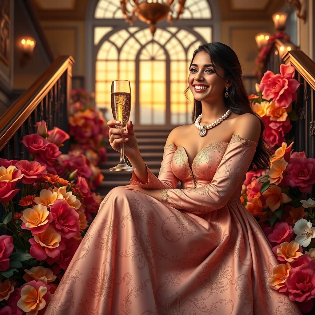 Elegant Arab Woman Surrounded by Flowers in a Majestic Mansi...