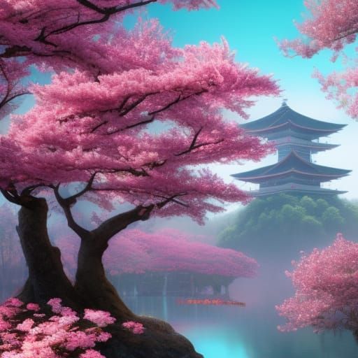 Cherry Blossom Tree in Japan: Detailed Matte Painting