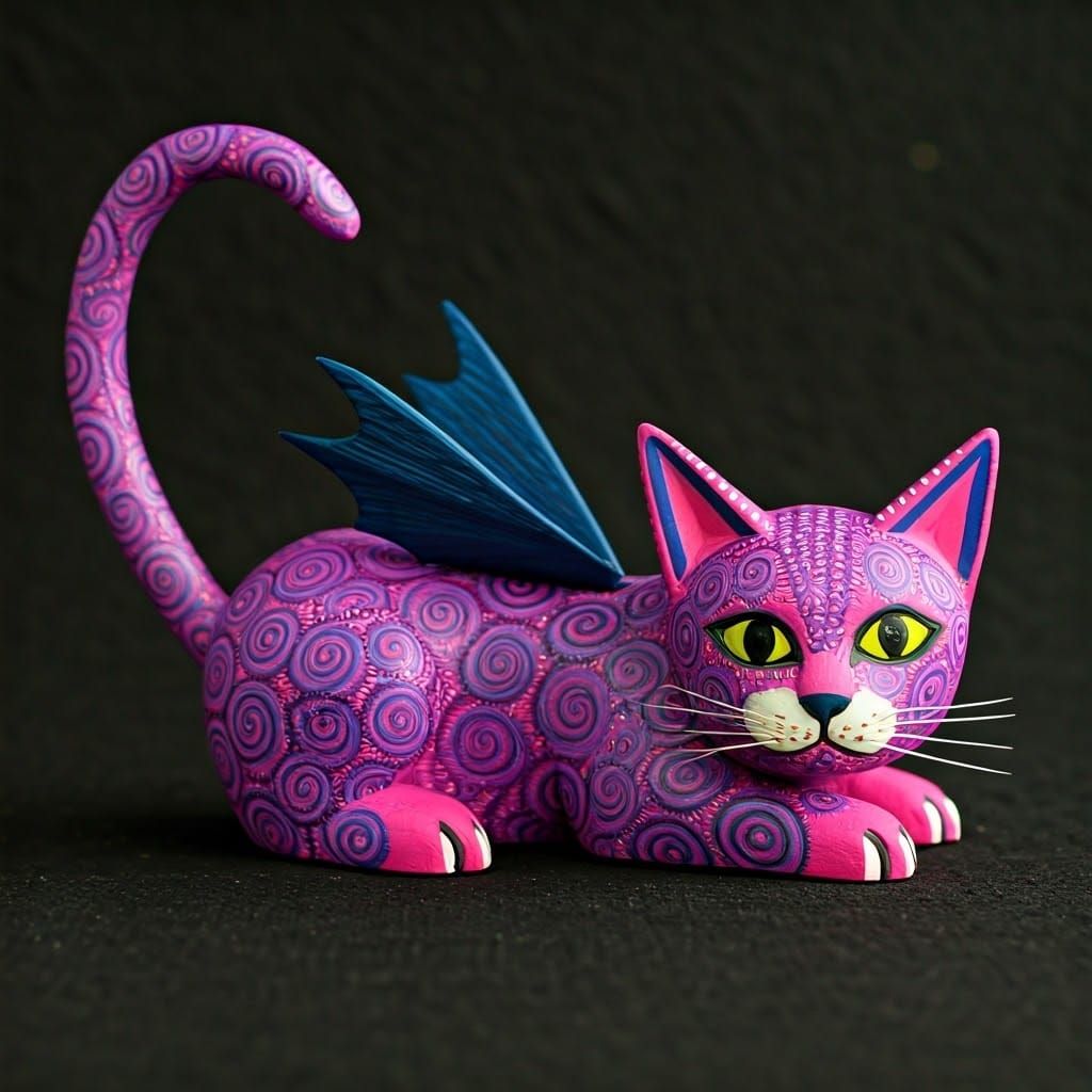 Whimsical Mexican Folk Art Cat with Bat Wings and Bright Col...