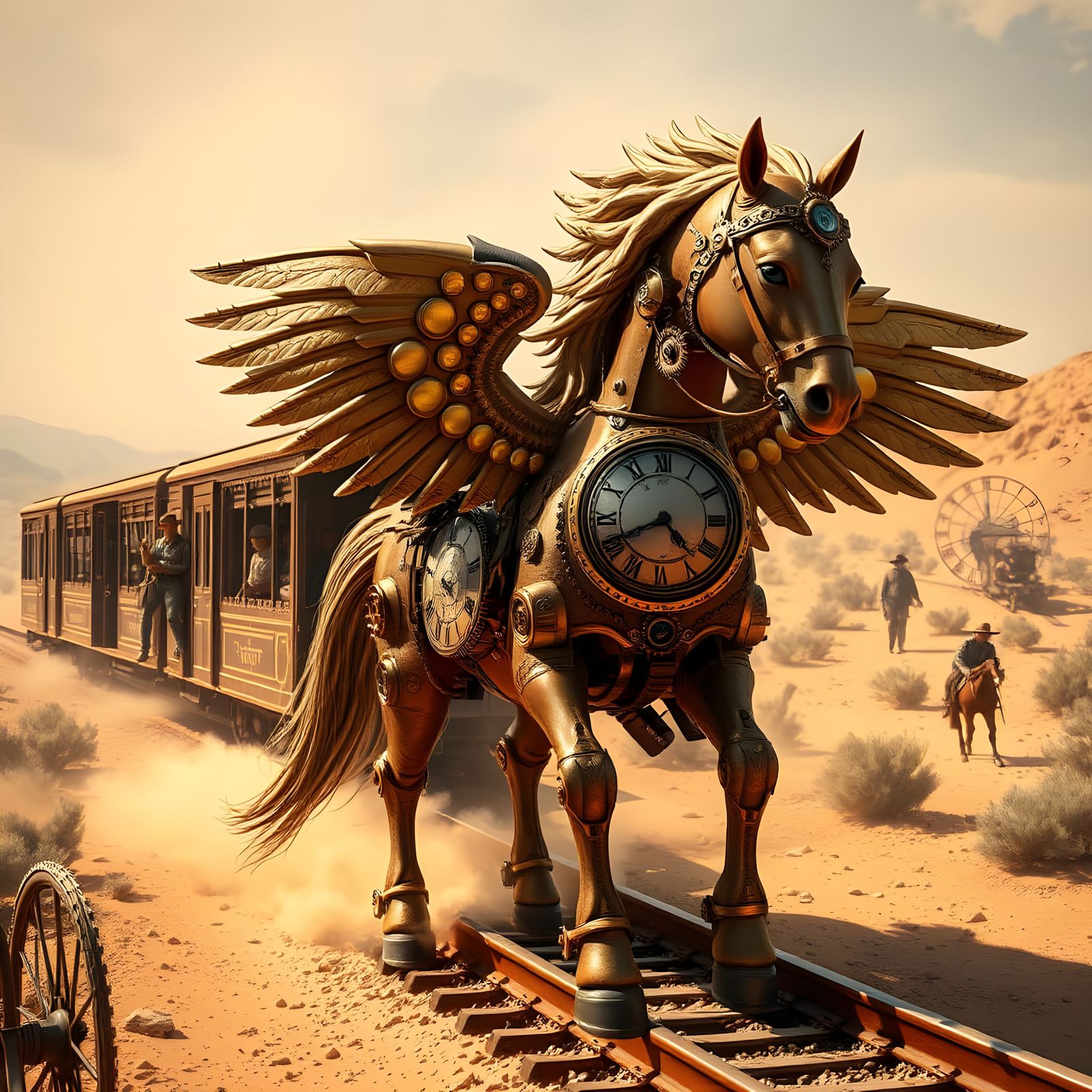 Clockwork Creatures on a Steampunk Train in Wild West