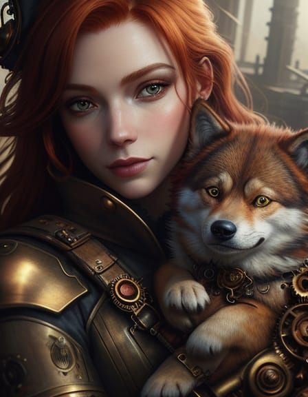 Ethereal Steampunk Redhead Gangster Girl with Baby Wolf