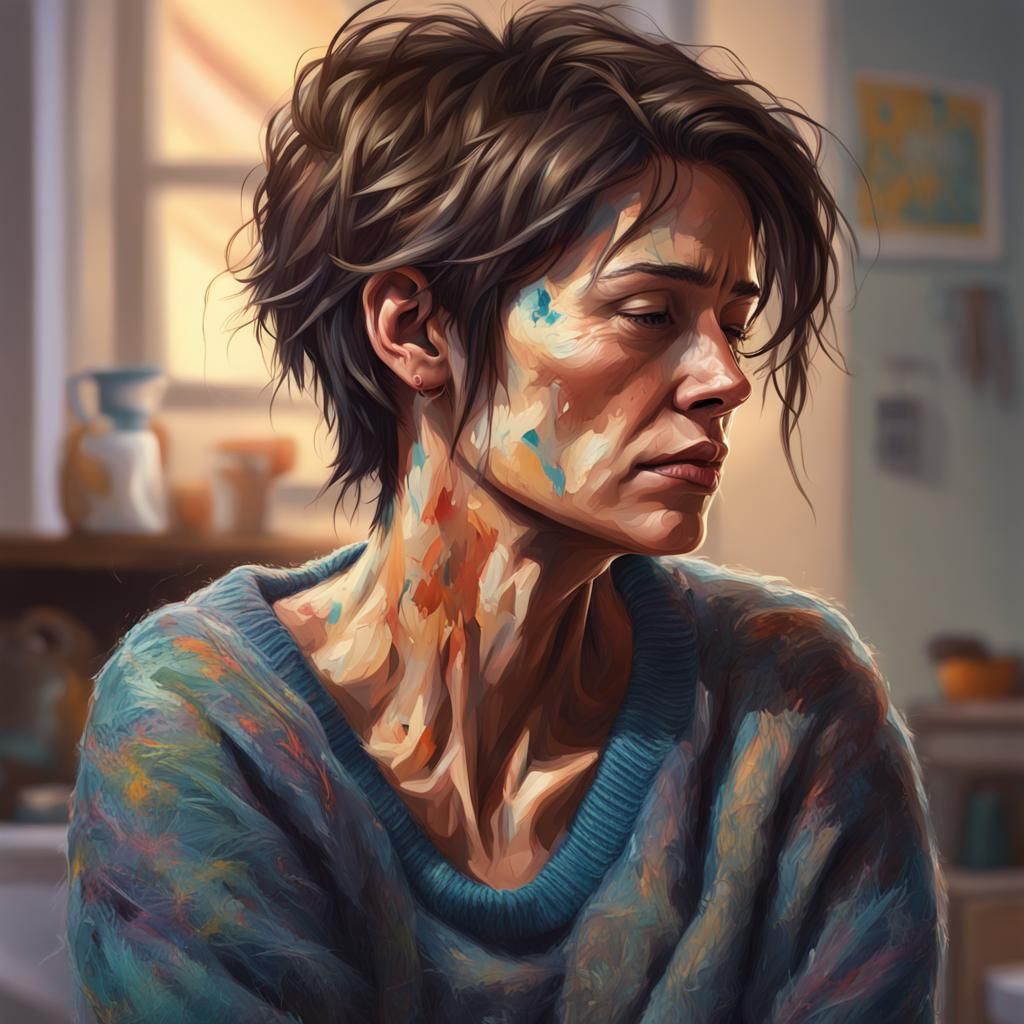 Hyperrealistic Painting of a Tired Mother