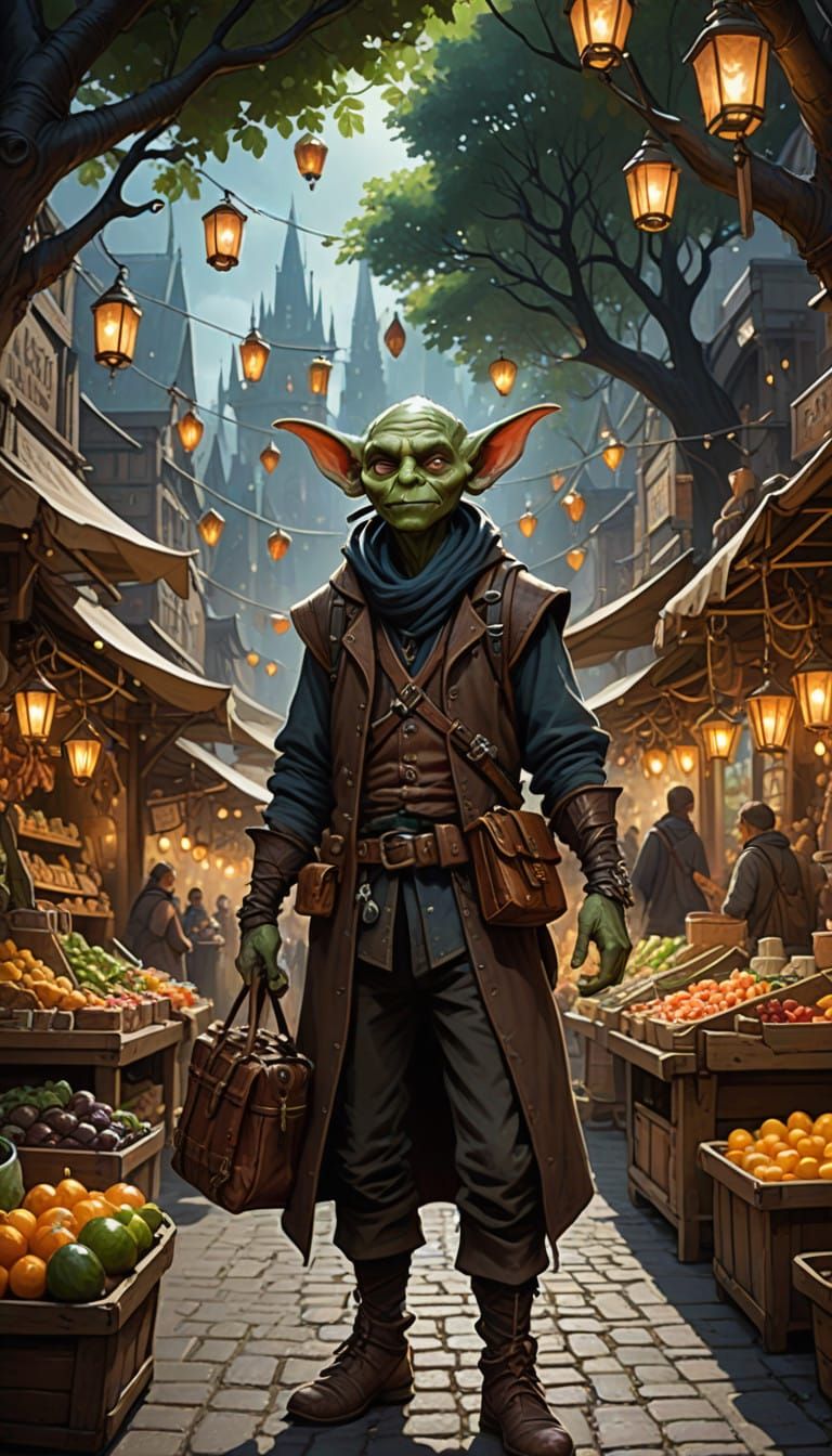 Goblin Merchant in Whimsical Market Scene, Fantasy Art