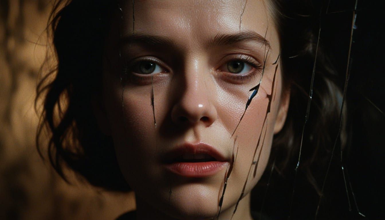Anguished Woman in a Shattered World of Glass and Pain