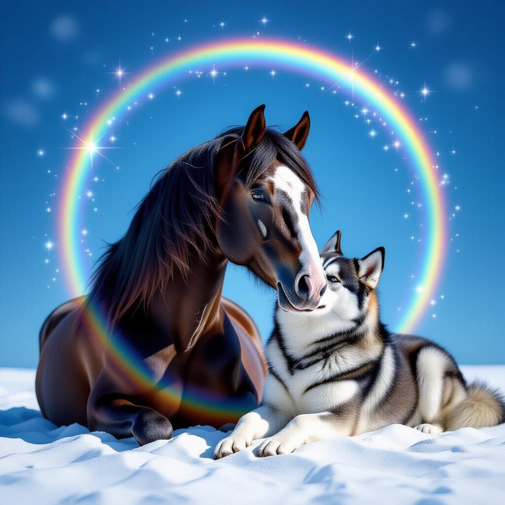 Arabian horse and white Alaskan Malamute
