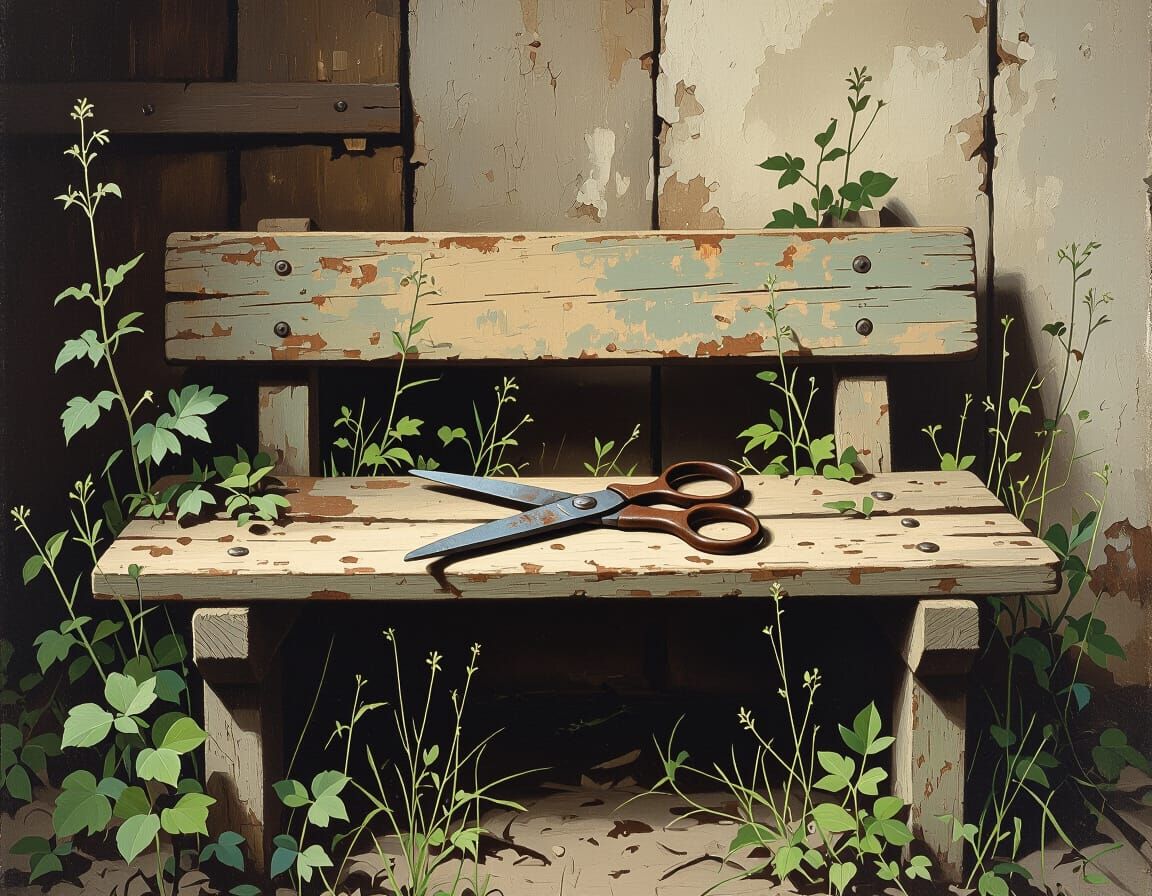Rusty Scissors on Old Bench in Dilapidated Workshop