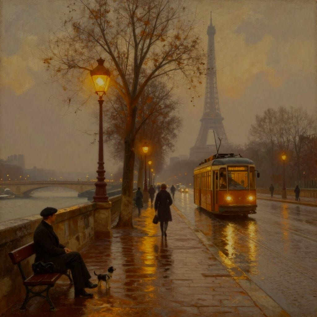 Rainy Paris Evening Oil Painting of Seine Embankment