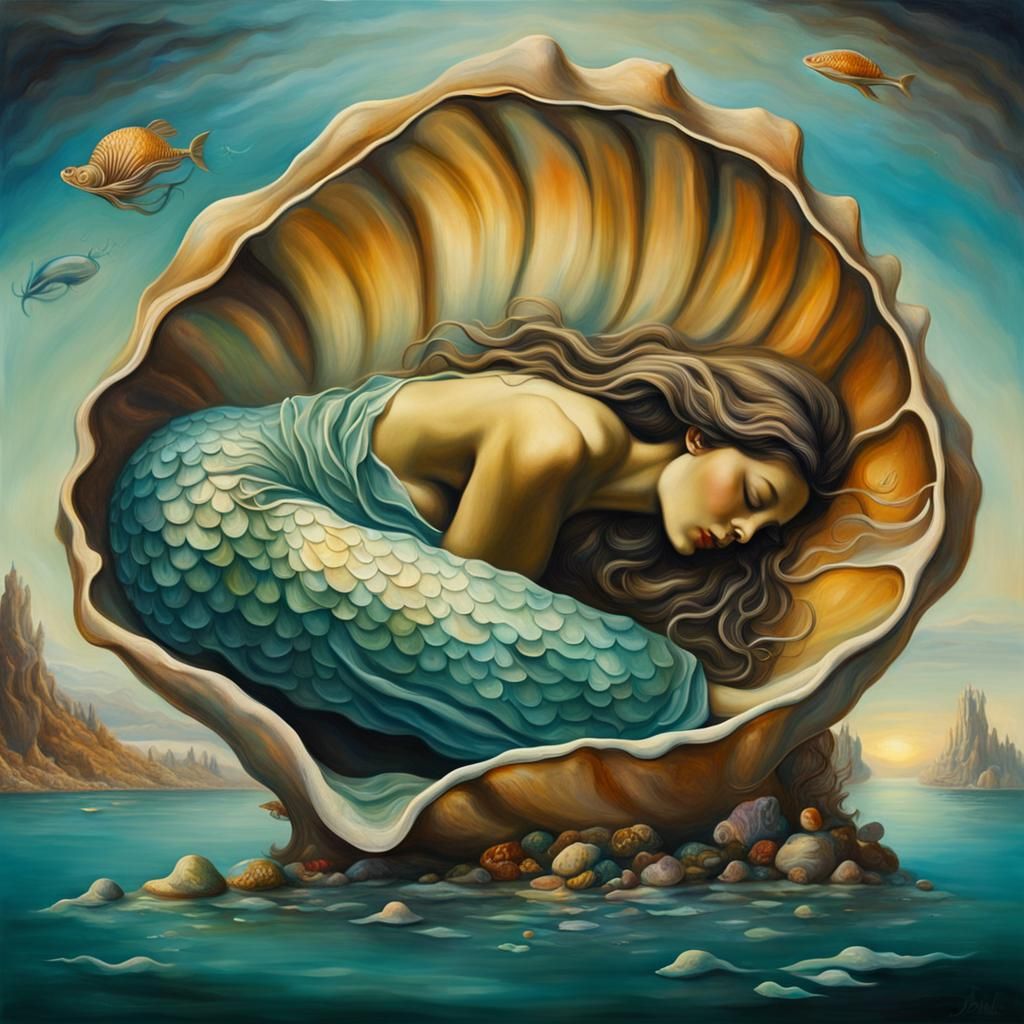 Dreamy Mermaid Sleeping in Shell, Surreal Oil Painting