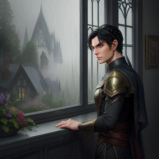 Elven Man Contemplates Rain, Ethereal Fantasy Art