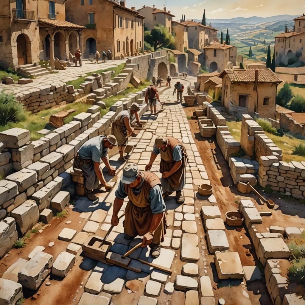 Roman Engineers Constructing a Road in Watercolor Style
