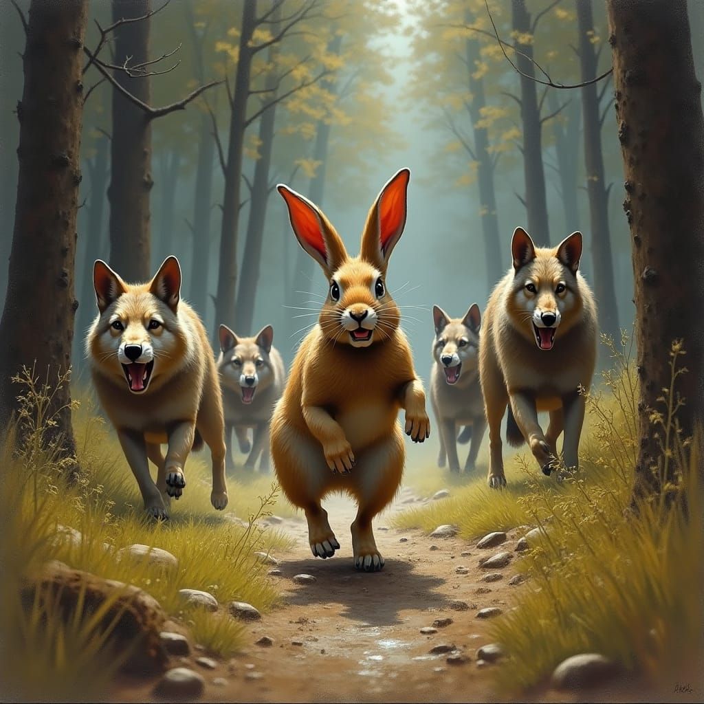 Rabbit Fleeing Wolves in Forest, Expressive Painting