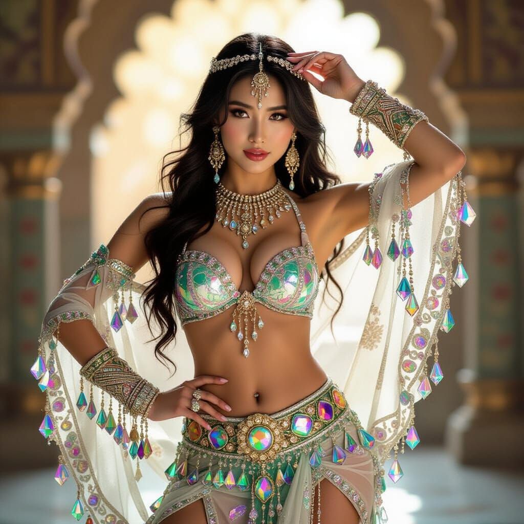 Korean Girl in Opulent Belly Dance Costume as Film Still
