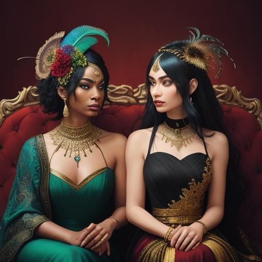 Metallic Gold Woman with Peacock Feathers Portrait