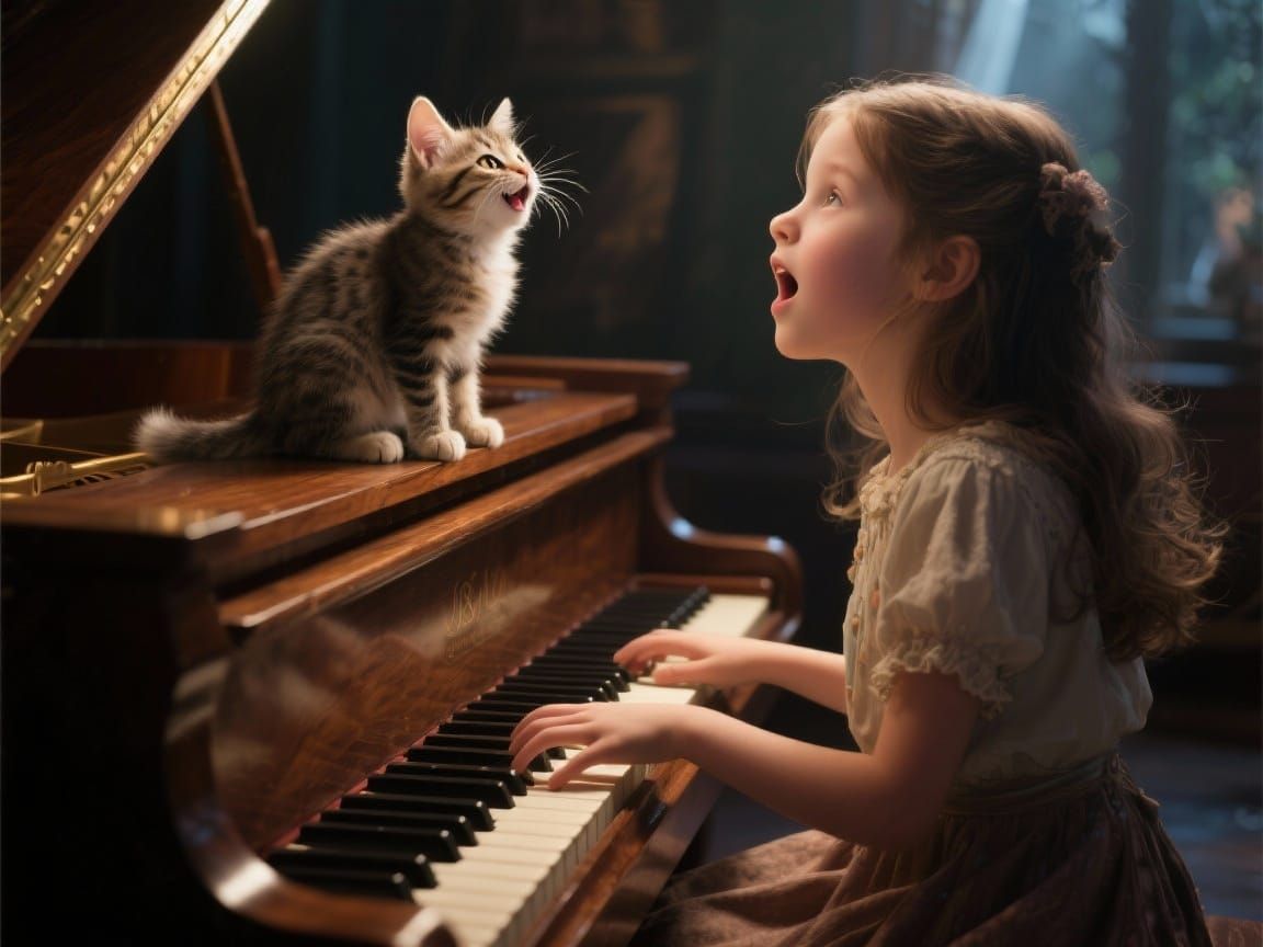 Girl, Kitten and Piano in Ultra-Photorealistic 8K