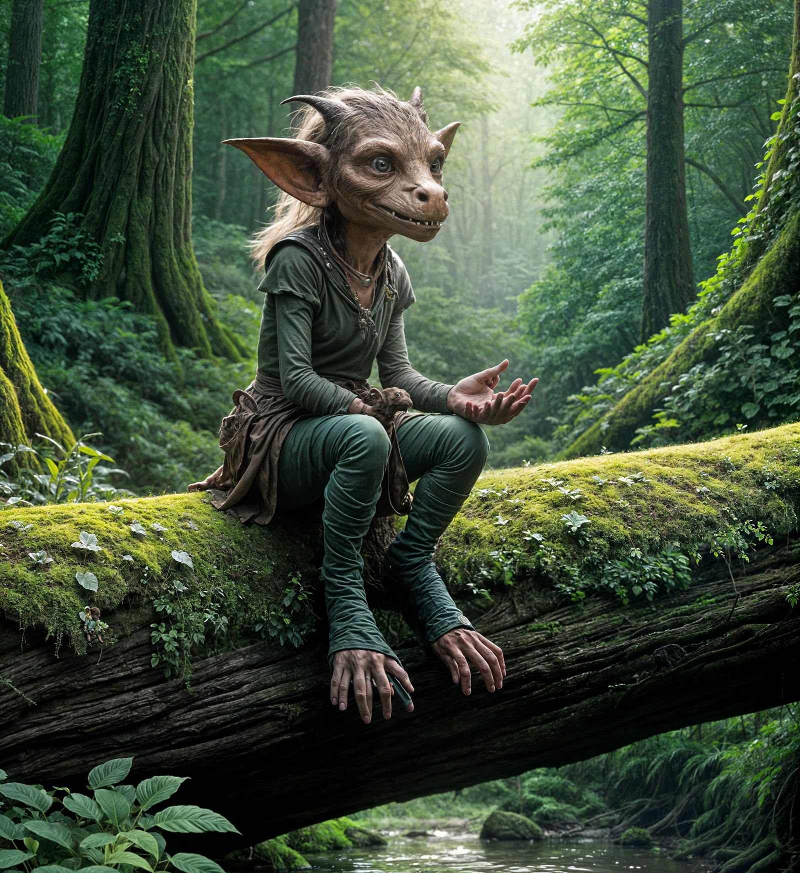 Whimsical Hobgoblin Seeks Wisdom in Lush Forest Sanctuary