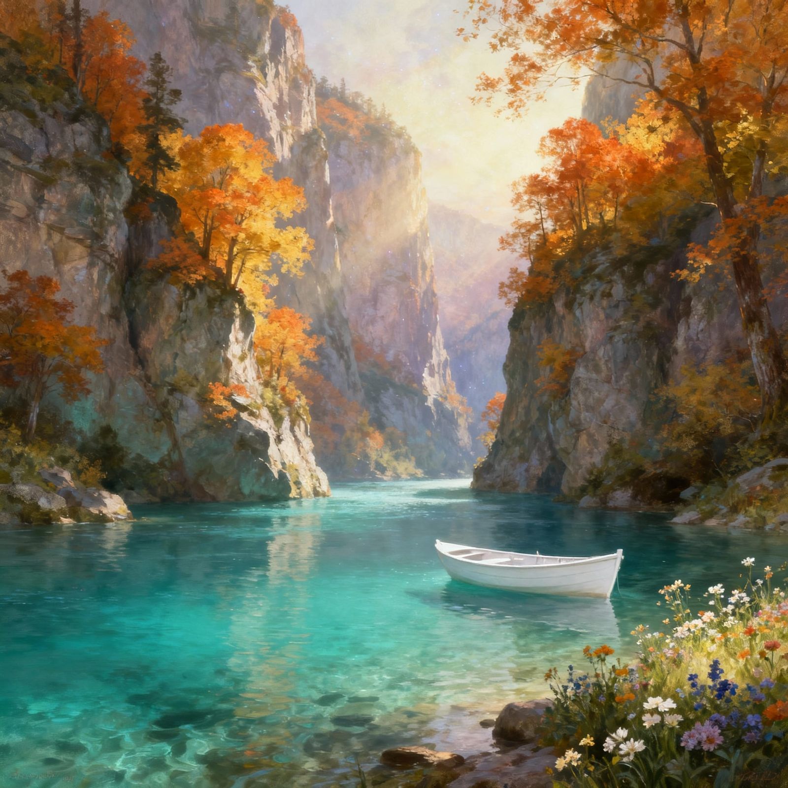 Enchanting River Landscape with Autumn Trees and Cliffs