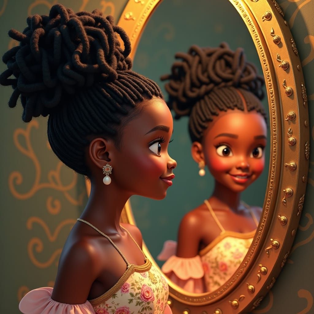 Black Princess with Braids in Antique Mirror
