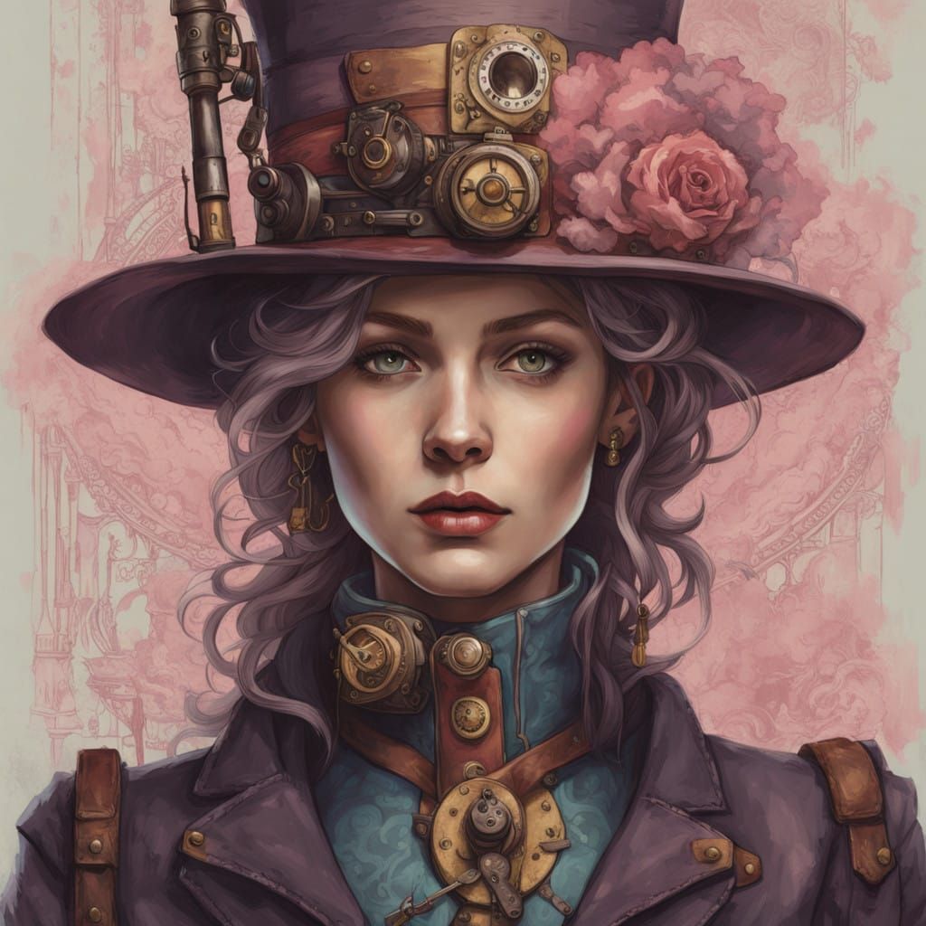 Steampunk Woman with Pink Hair Digital Portrait