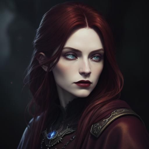 Female Vampire in Burgundy Attire as Digital Painting