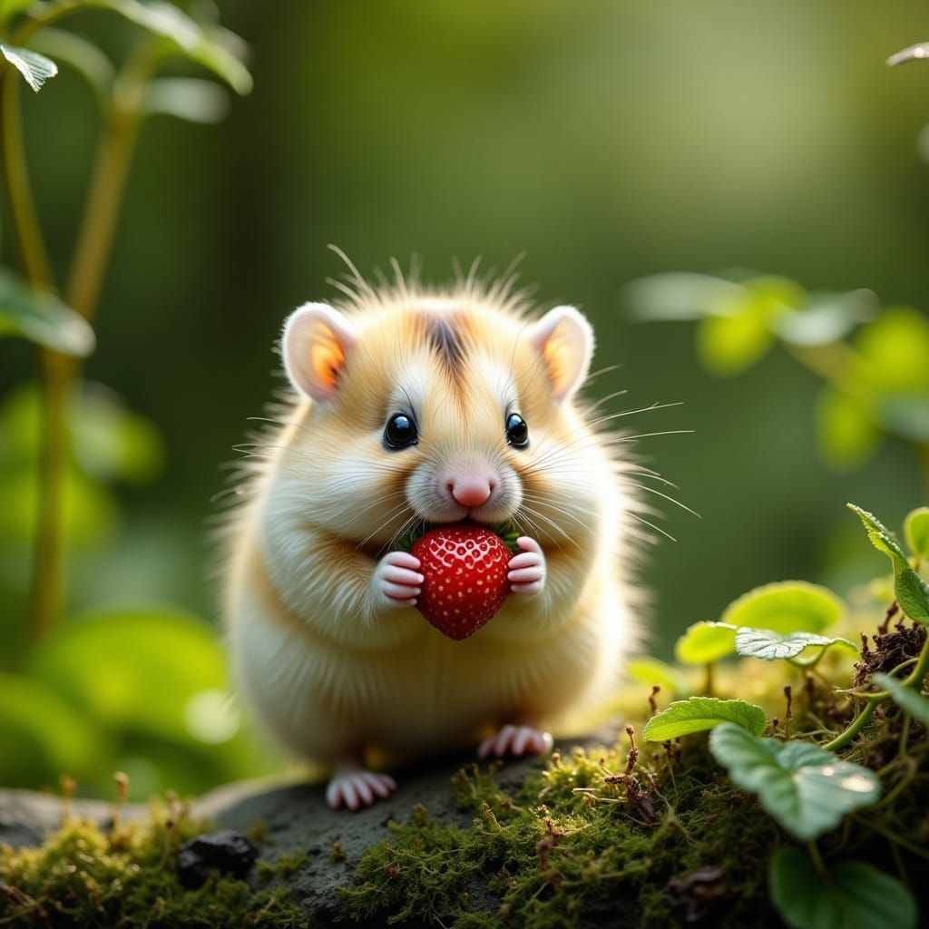 Fluffy Hamster with Strawberry in Lush Forest