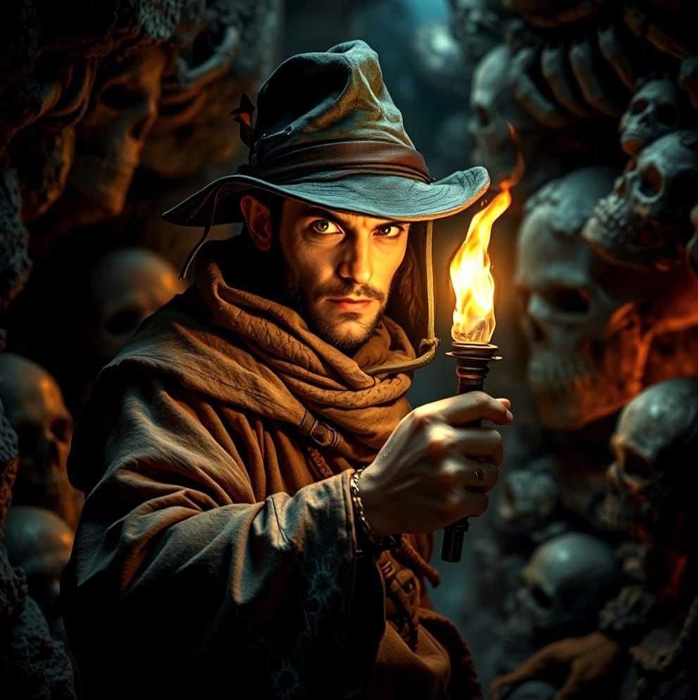 Explorer in Dark Tunnel with Hidden Treasures