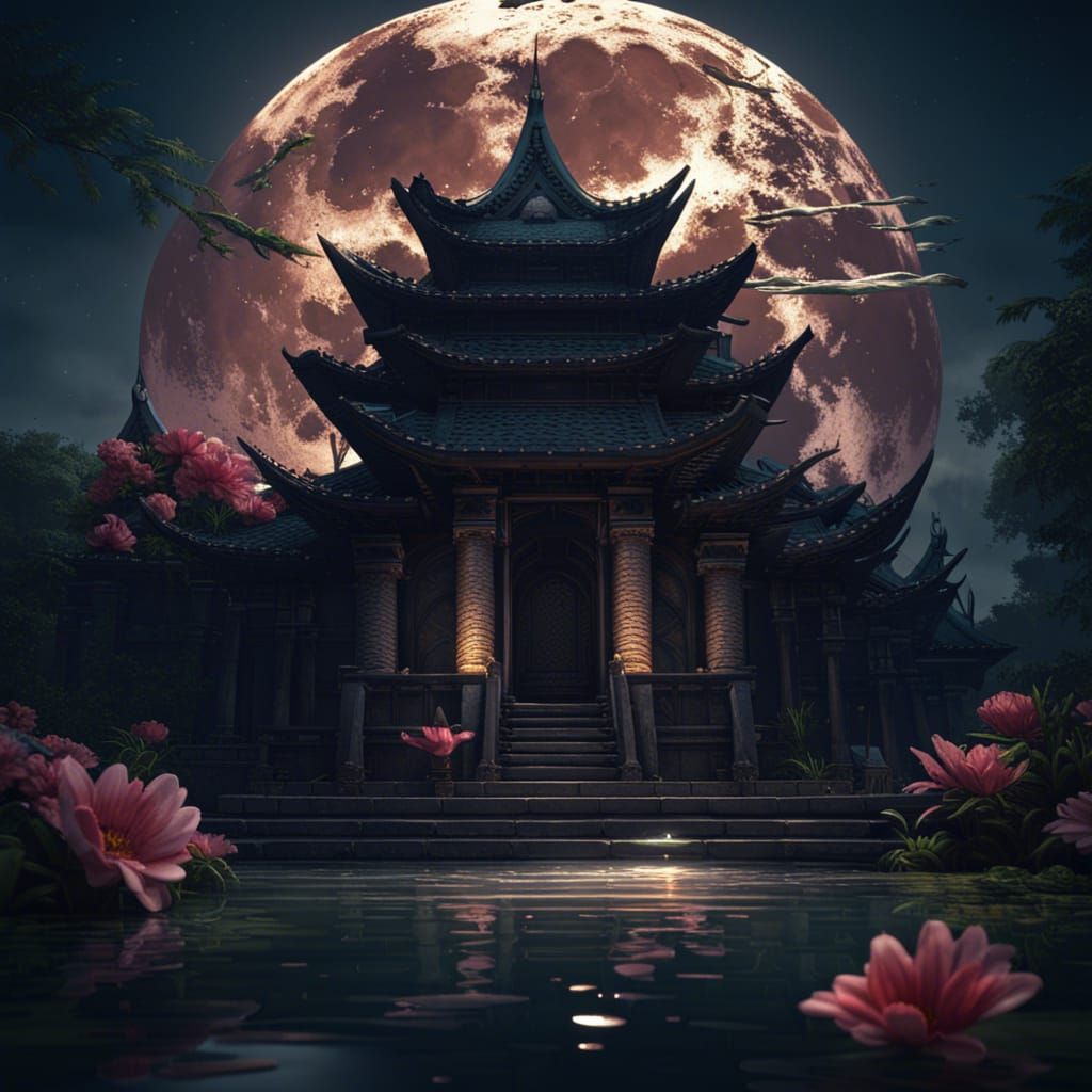 Temple Under Moon in Dark Fantasy Style