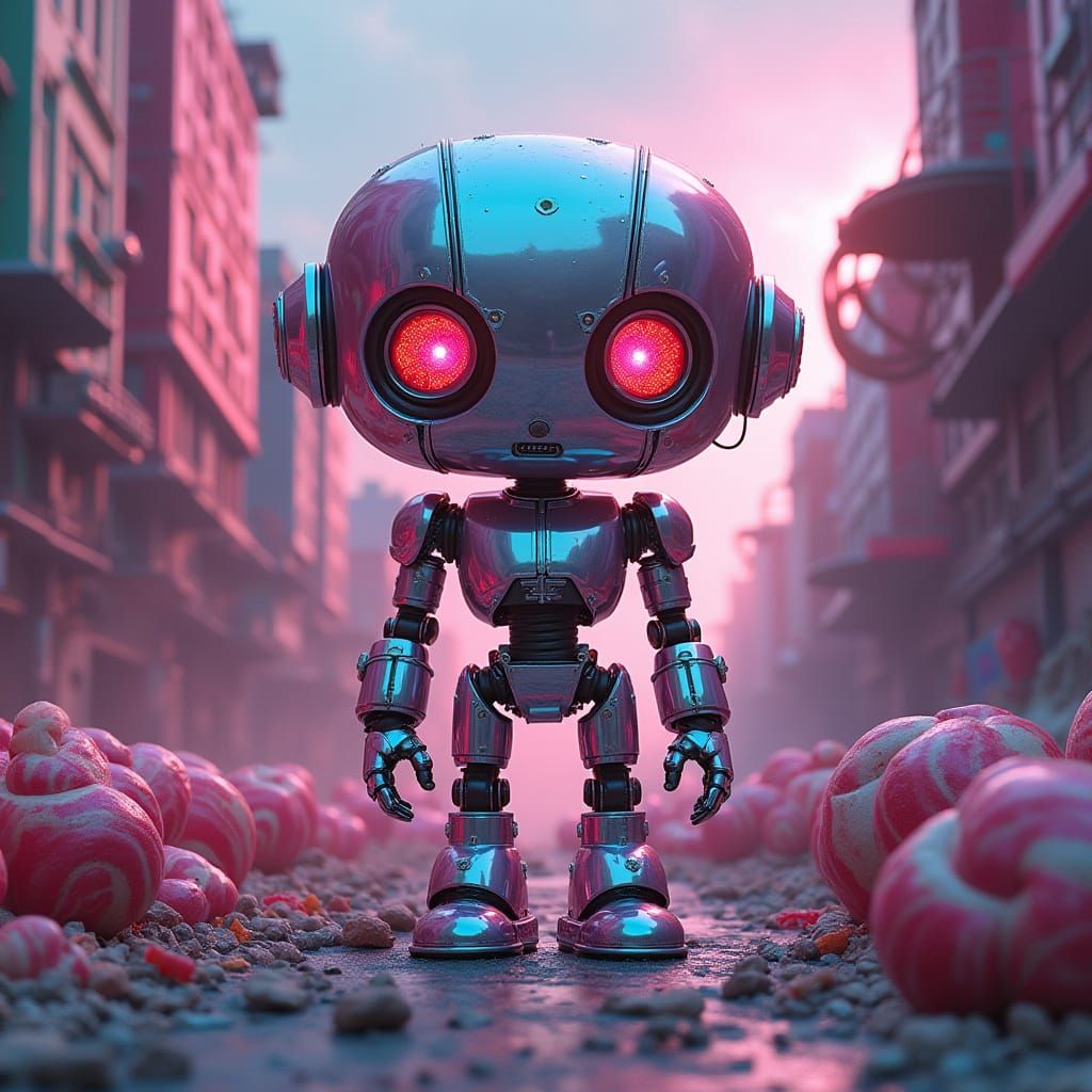 Chibi Robot in Candy Dystopia: Pixelcore Art