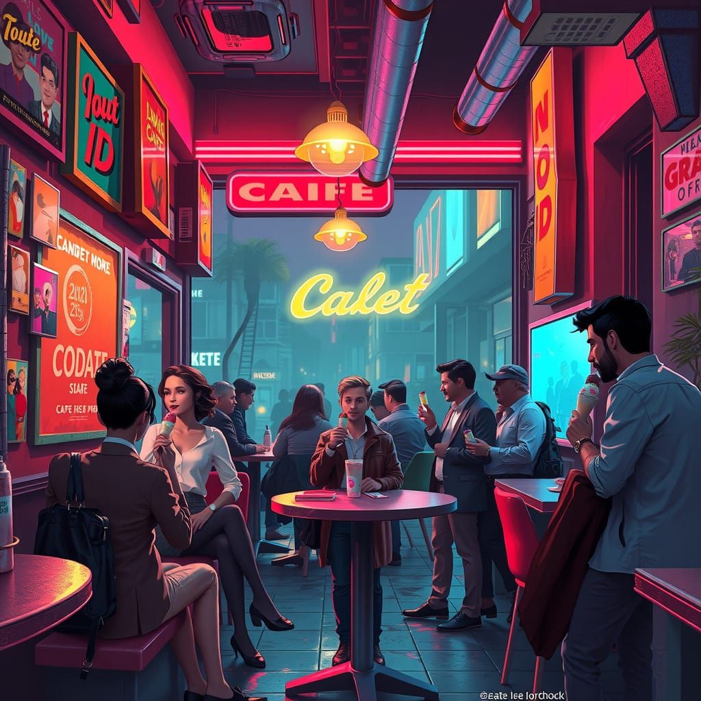 Vibrant Film Noir Cafe Scene with Ice Cream