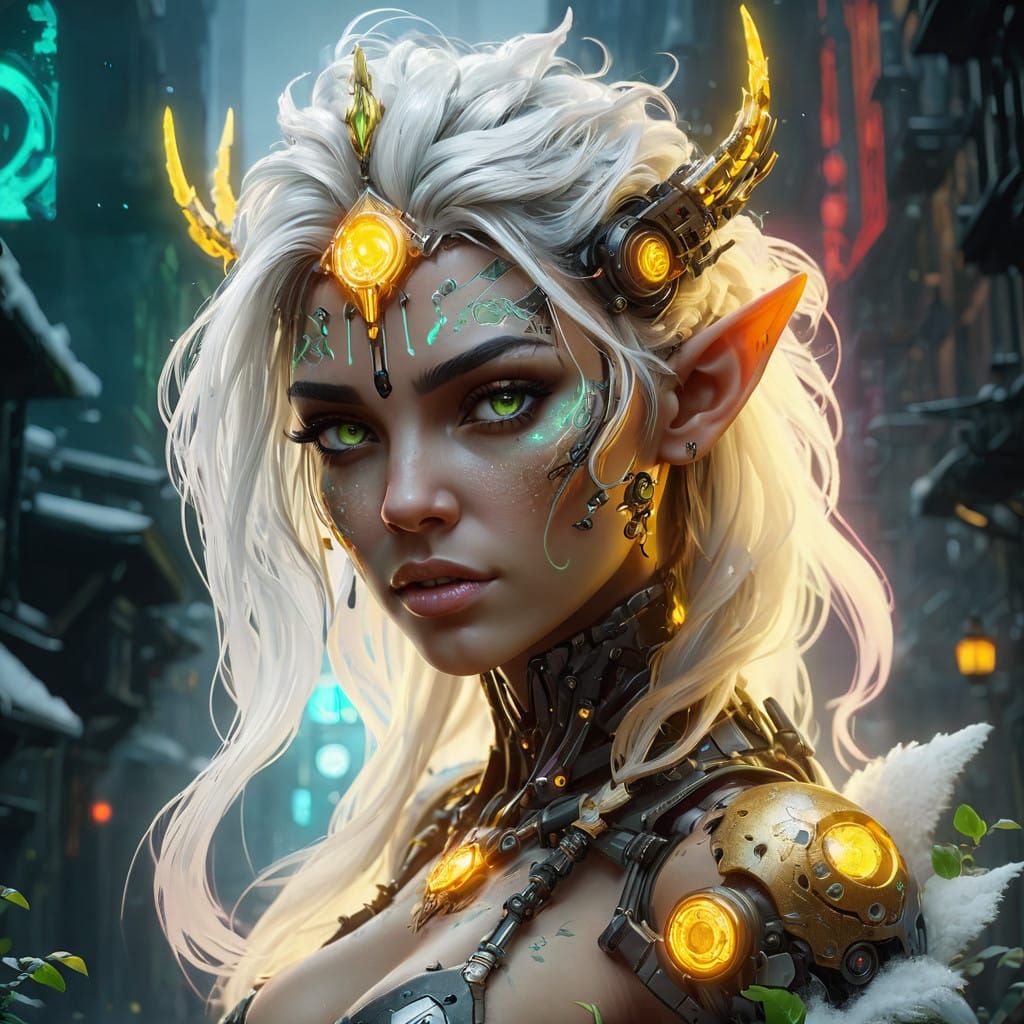 Ethereal Cyberpunk Elf in Luminous Cityscape