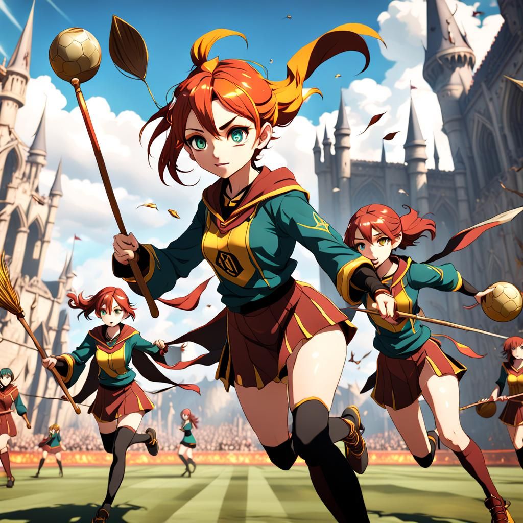 Anime Girls Play Quidditch in Detailed Matte Painting