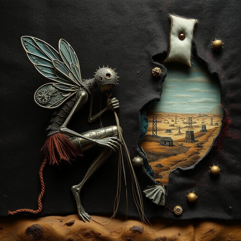 Clockwork Fairy Repairs Wasteland Tapestry in Beksiński Styl...