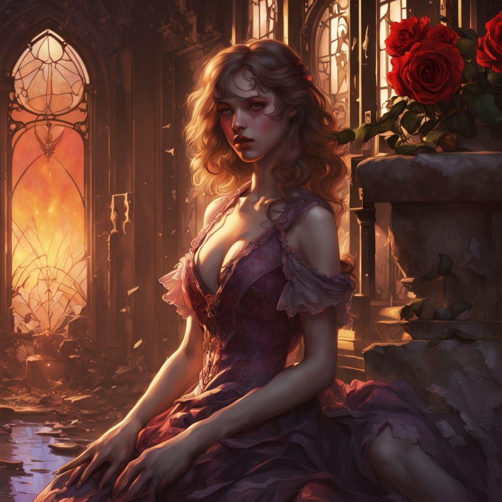 Cracked Doll in Dark Fantasy Art with Burning Sunset