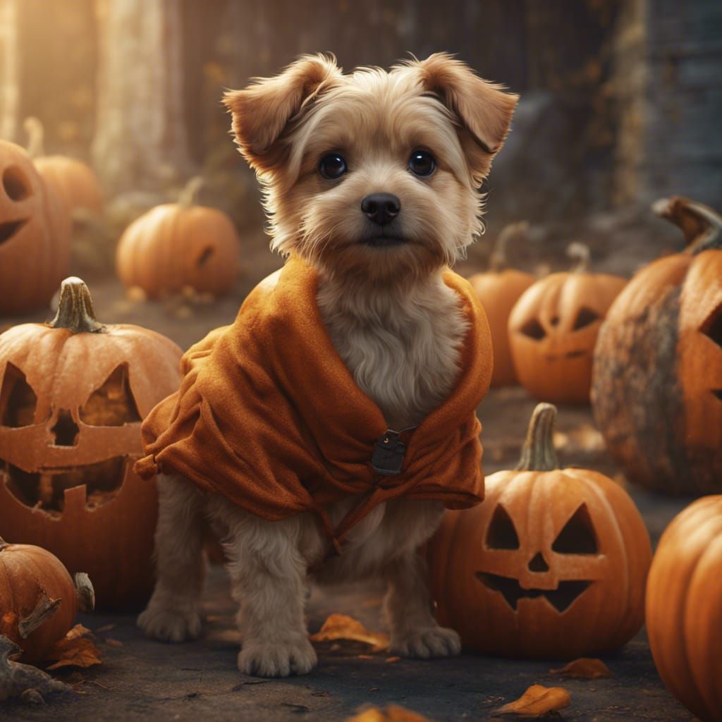 Adorable Puppy in Pumpkin Costume: Fantasy Concept Art