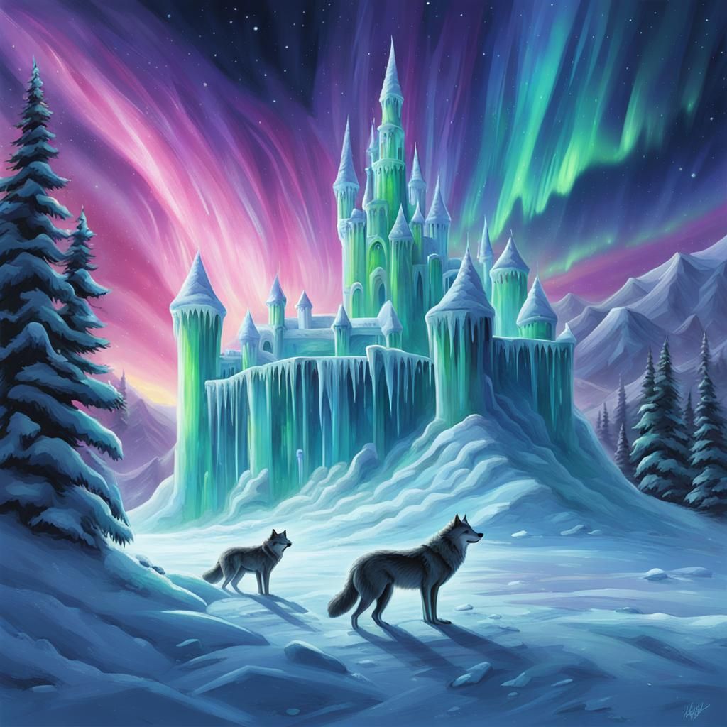 Realistic Ice Castle Under Aurora Borealis