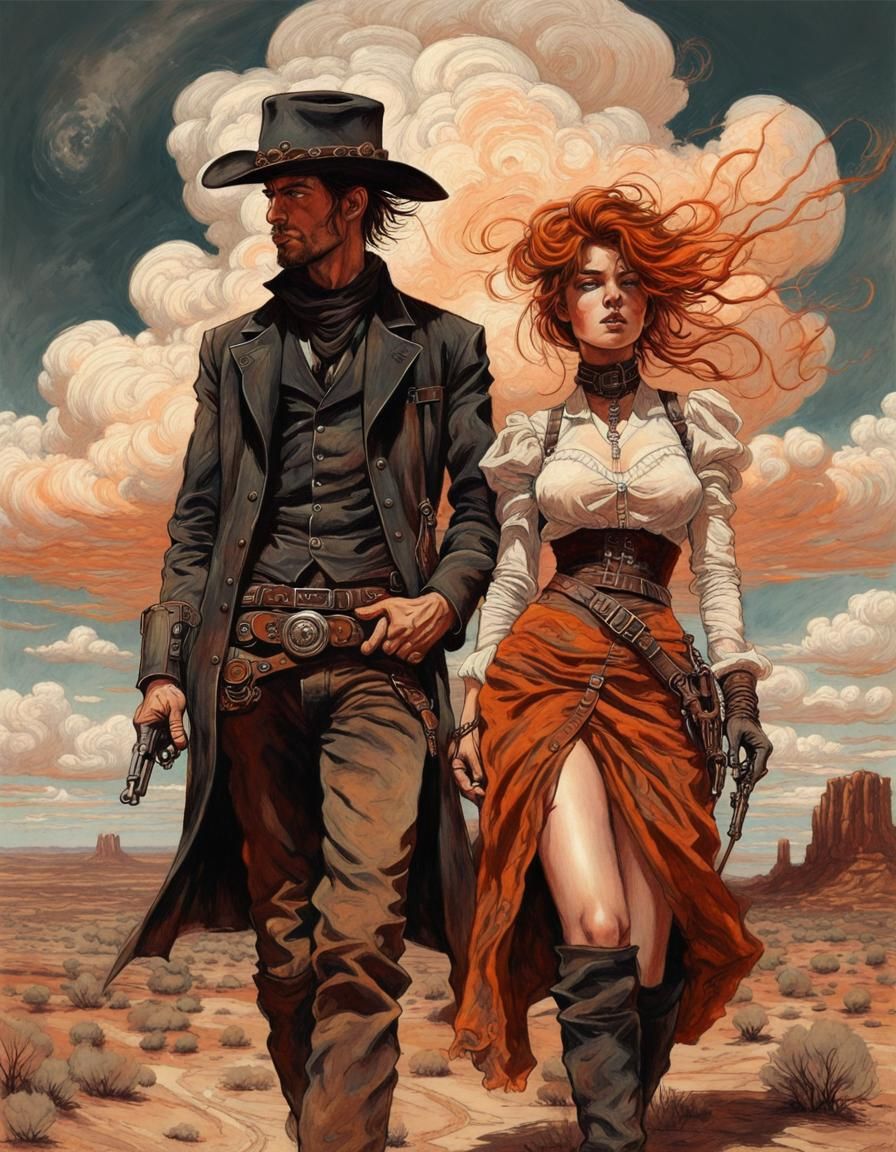Romantic Gunslinger Couple in Wild West Aesthetic