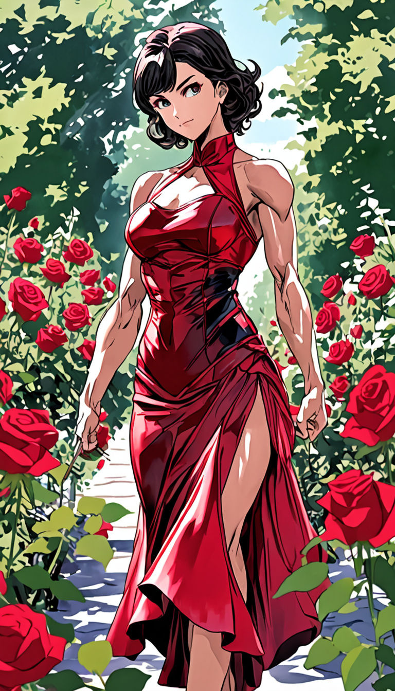 Anime Goddess in Rose Garden Attire as a Bodybuilder