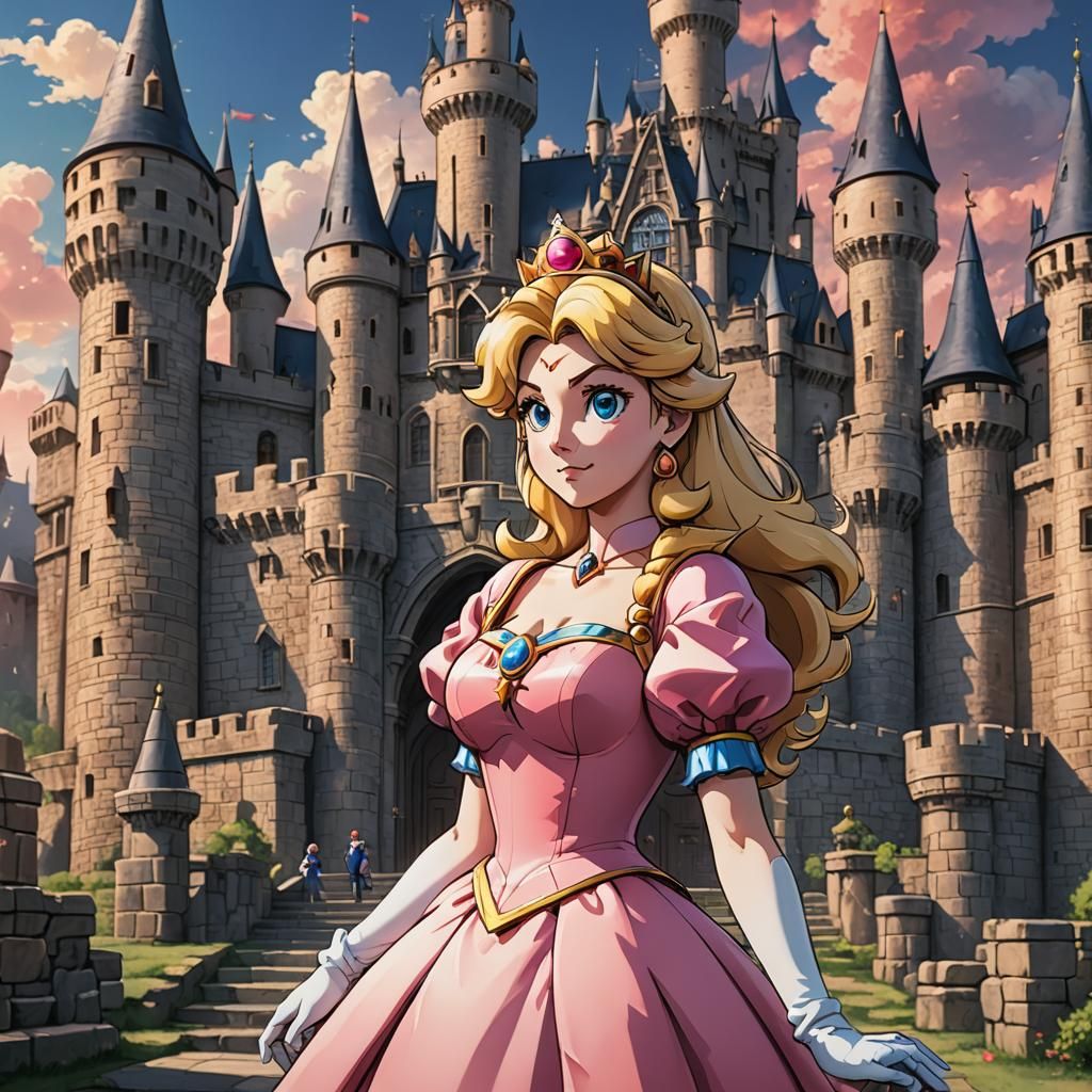 princess peach standing in front of a castle
