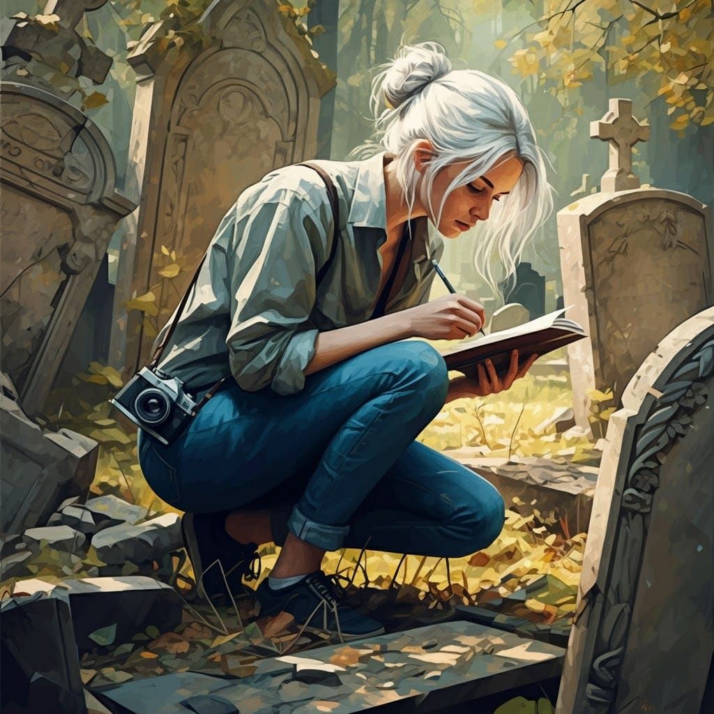 Woman Captures Cemetery Lore: Cubist Oil Painting