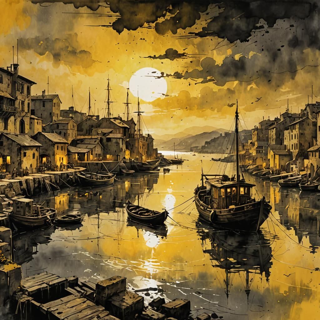 Mediterranean Harbor Sunset in Monochromatic Yellow