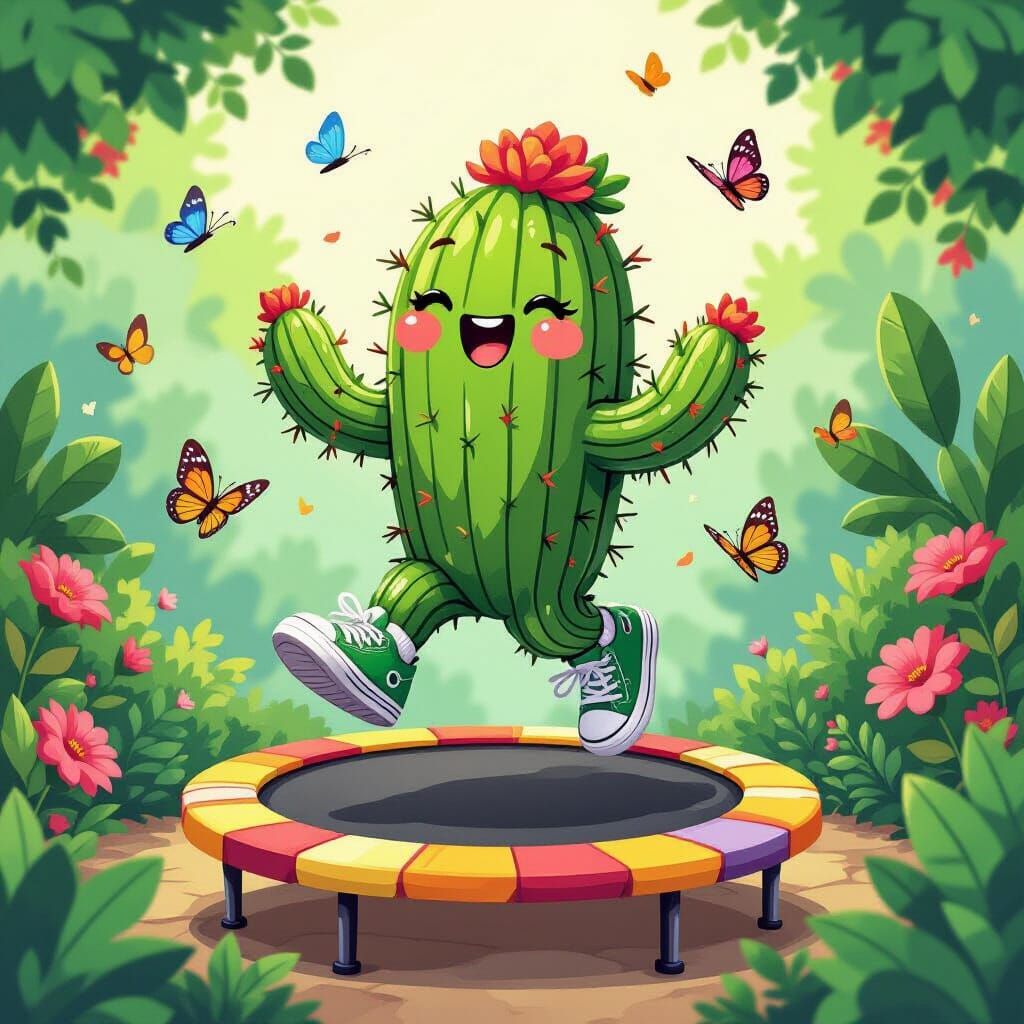 Cactus on Trampoline in Garden, Whimsical Digital Art