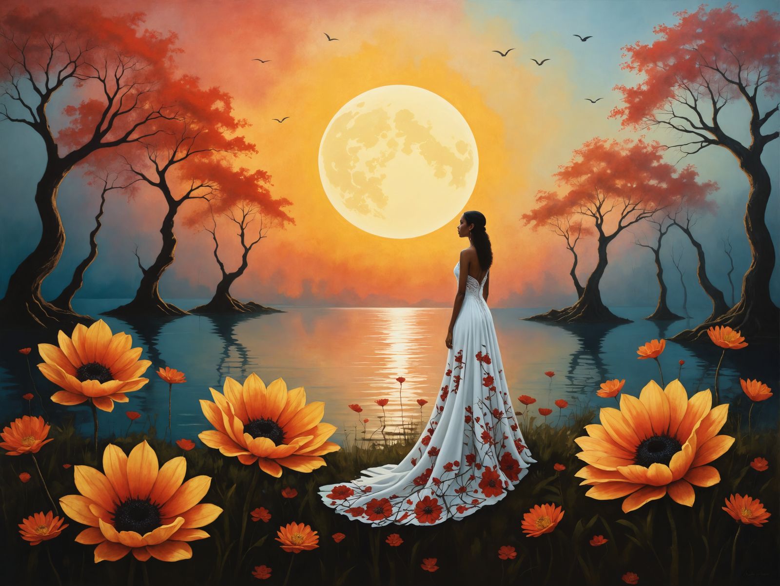 Moonlit Woman in Surrealist Landscape
