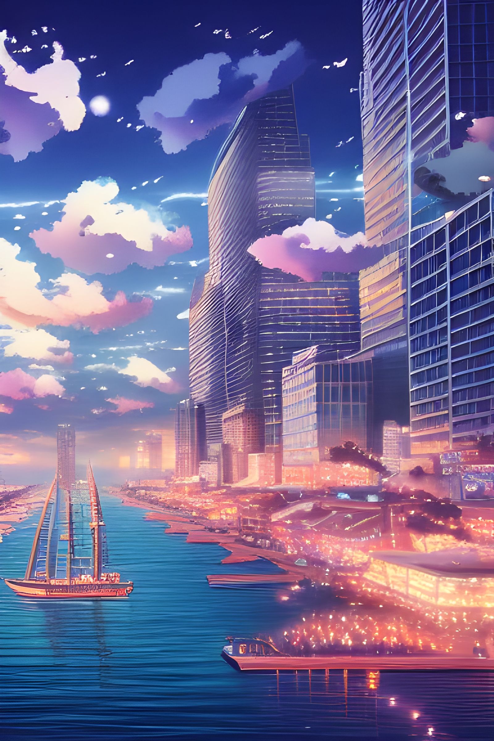 Anime Seaport Painting with Geometric Lights