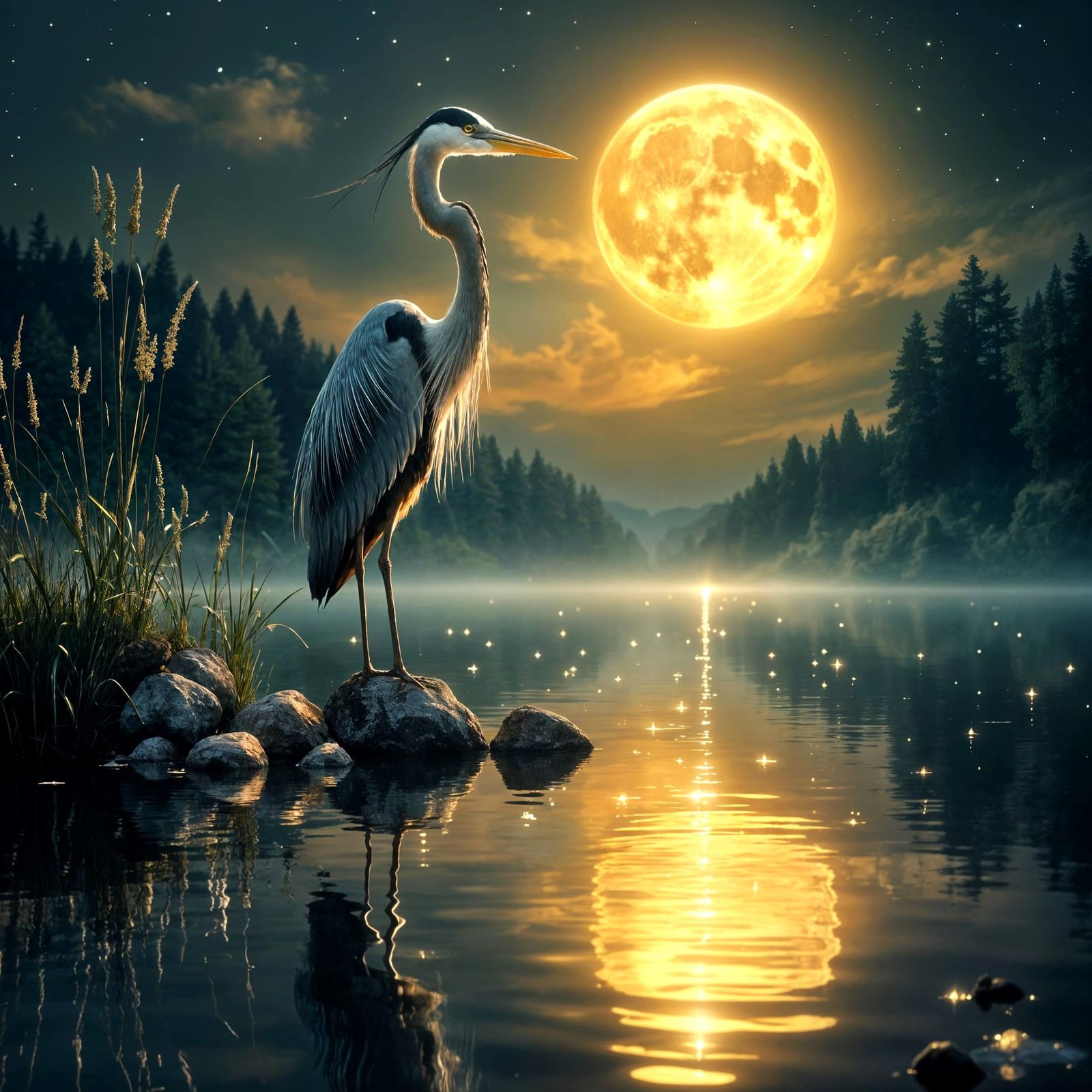 Heron in Moonlight Reflecting on Lake
