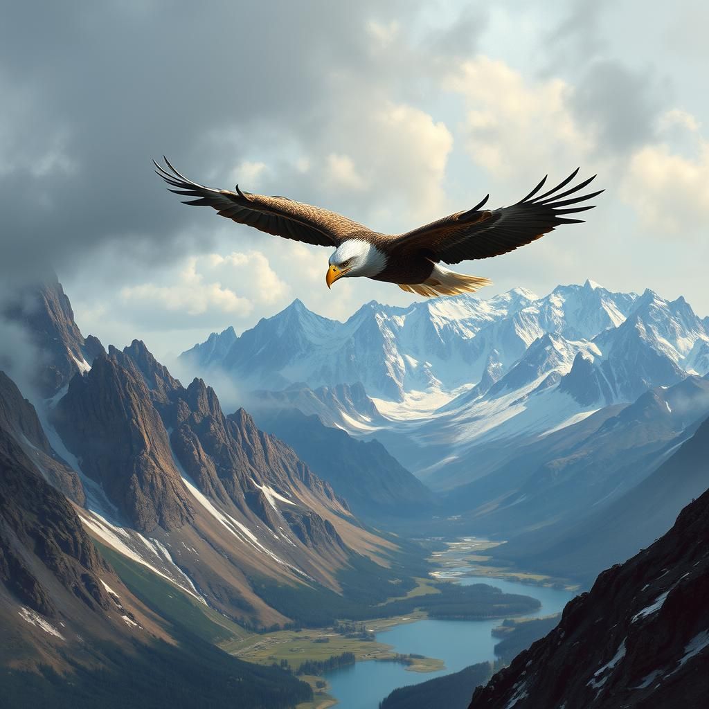 Majestic Eagle Soaring Above Rugged Mountains