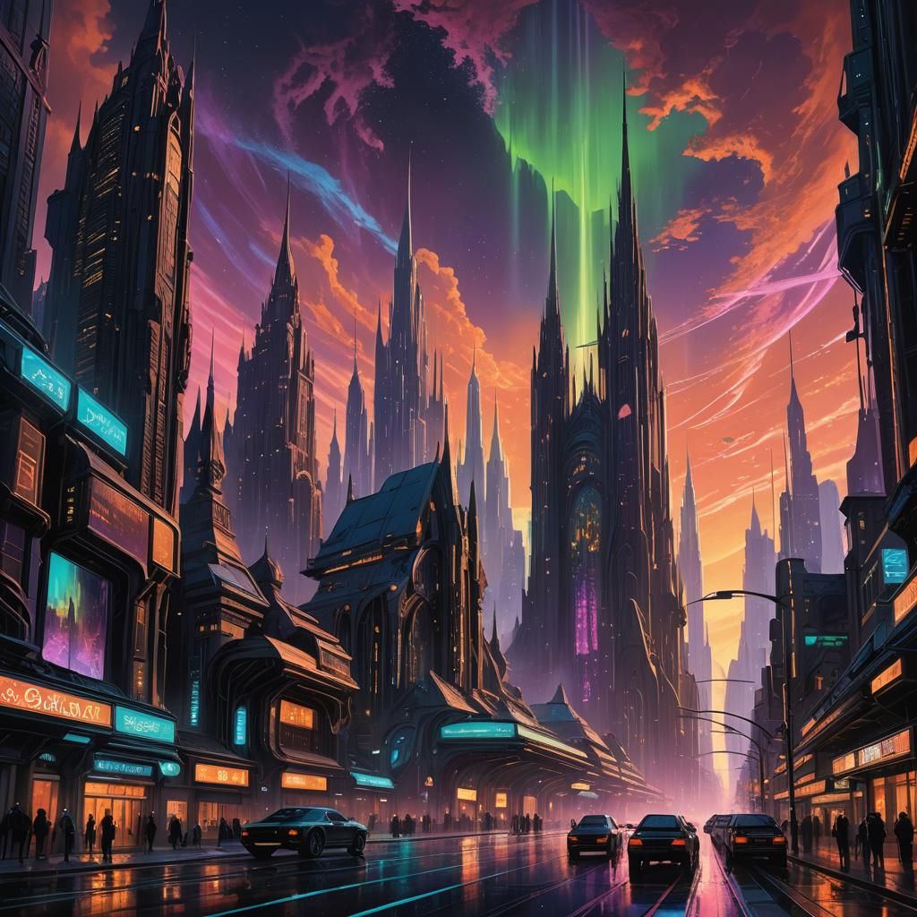 Majestic Sci-Fi Cityscape with Aurora Sky