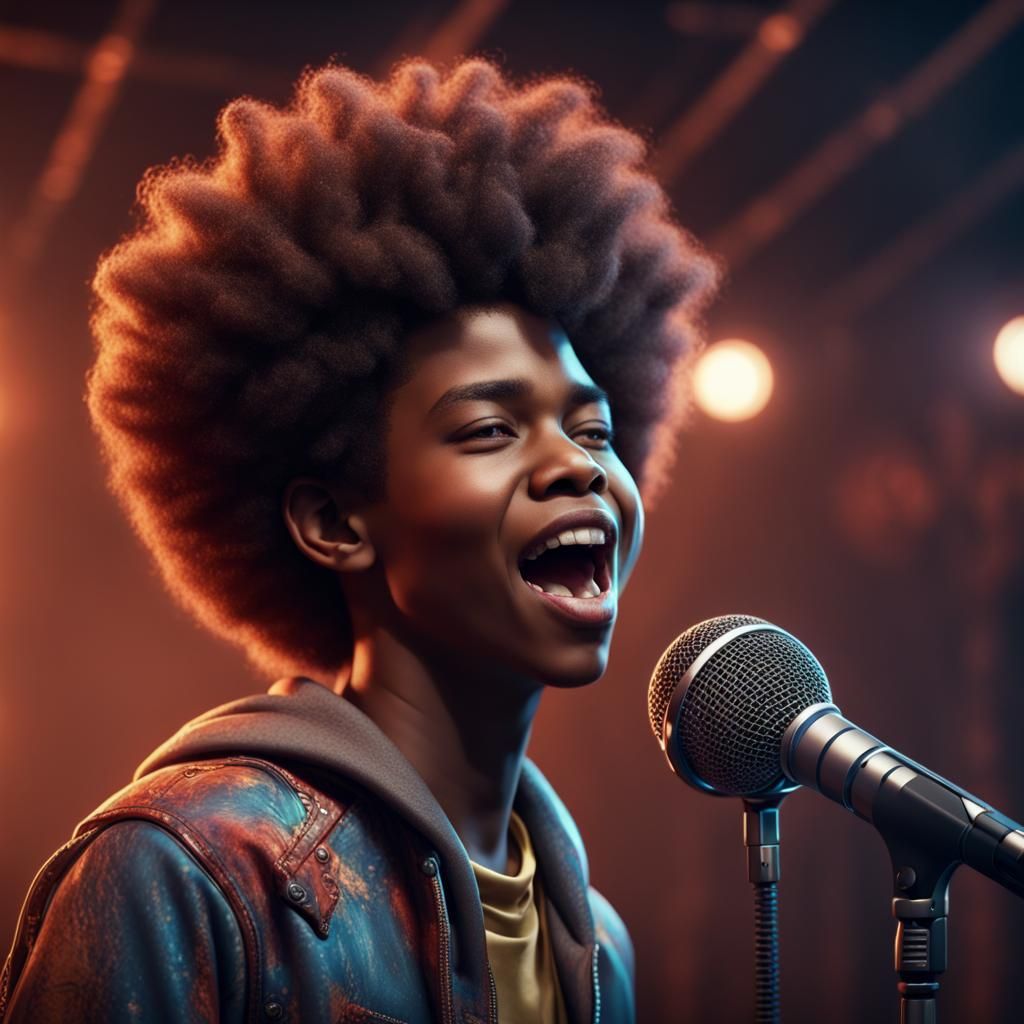 Black Teen Singer with Afro: Detailed Matte Painting