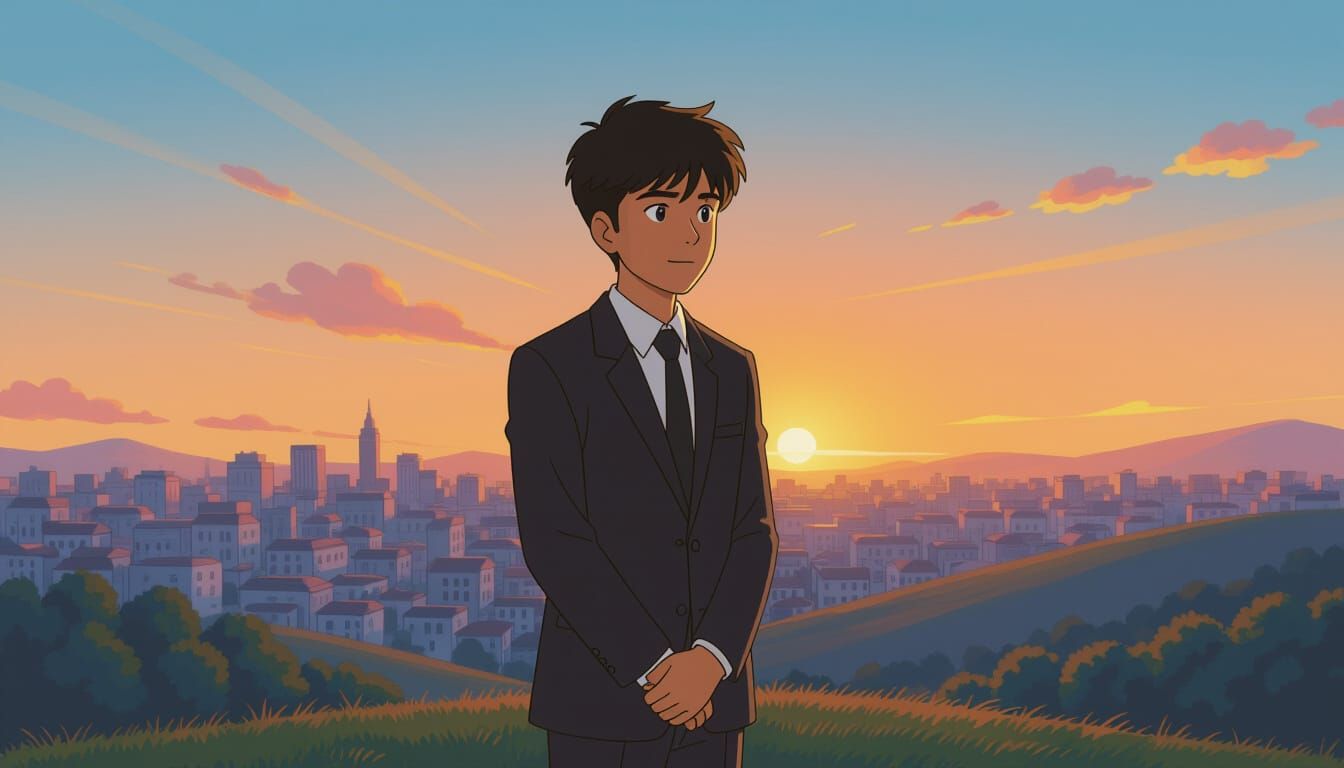 Determined Indian Teenager at Sunrise, Cartoon Style