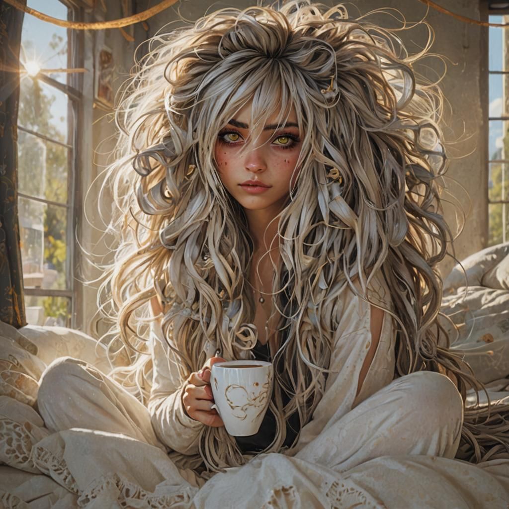 Punky Girl Enjoying Morning Coffee in Bed