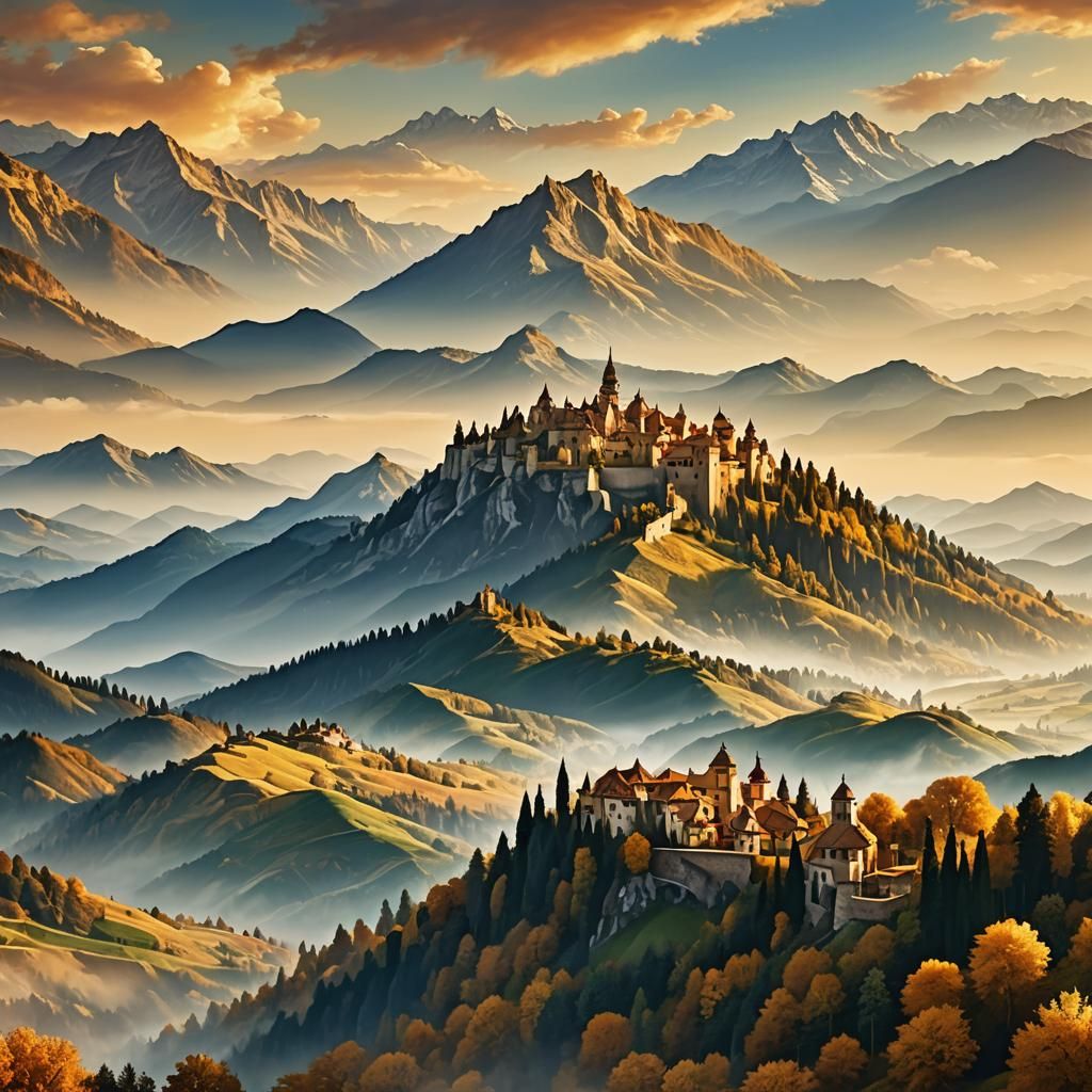 Golden Sunrise Over Mountain Range in Baroque Style