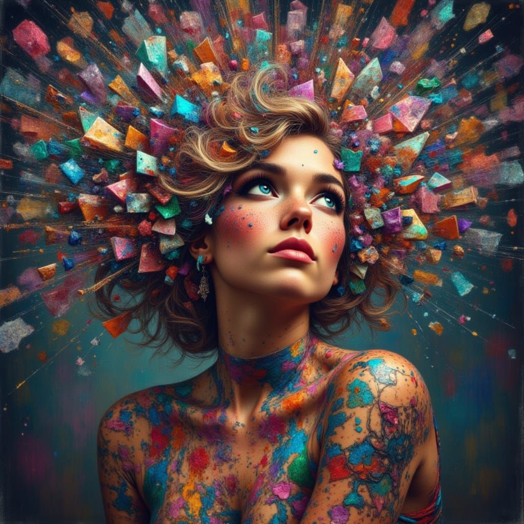 Woman with Glowing Stained Glass Hair and Falling Stars